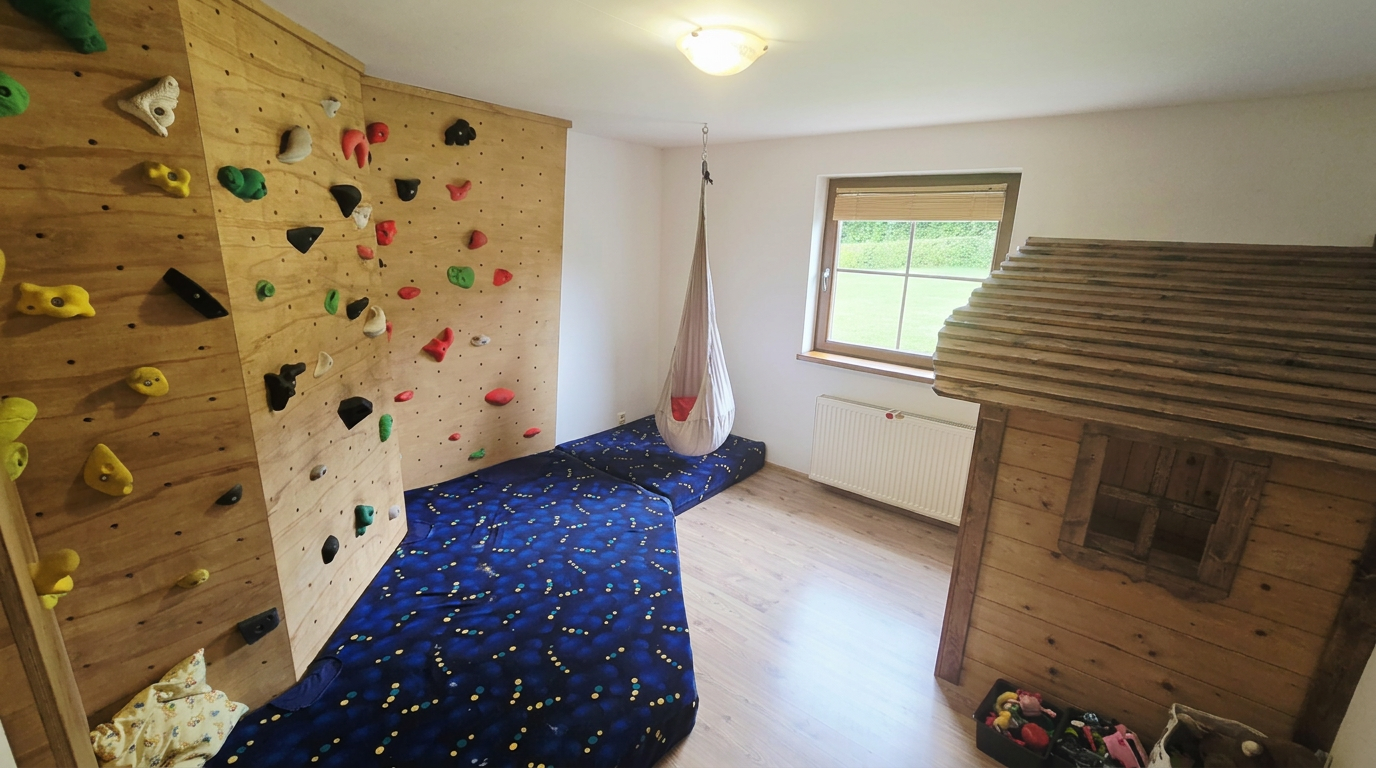 Dětská herna s lezeckou stěnou a houpačkou – Apartmány Chaloupka, ubytování Jizerské hory